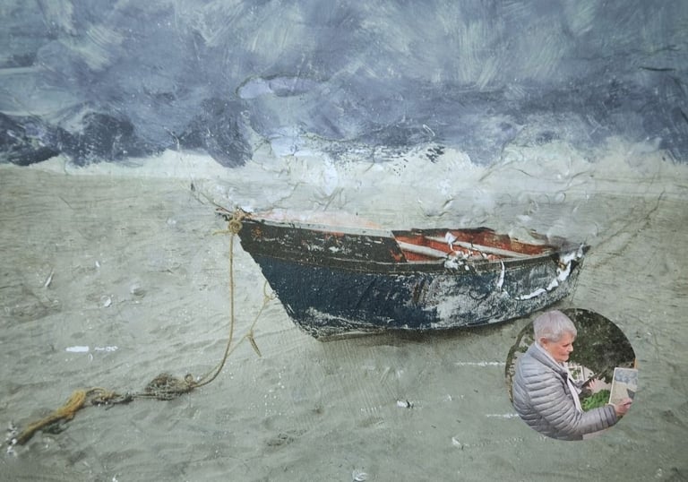 Textured seascape of beached boat under stormy sky by Jean Bradshaw