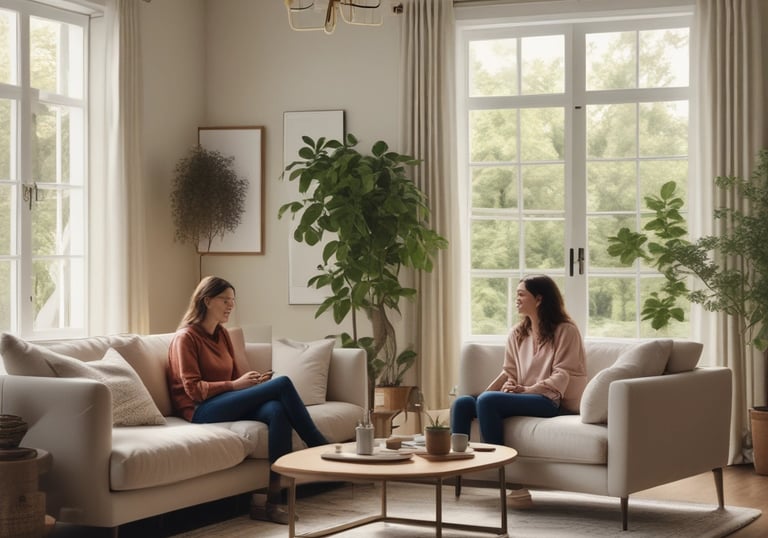 A serene therapy room with comfortable seating and calming decor.