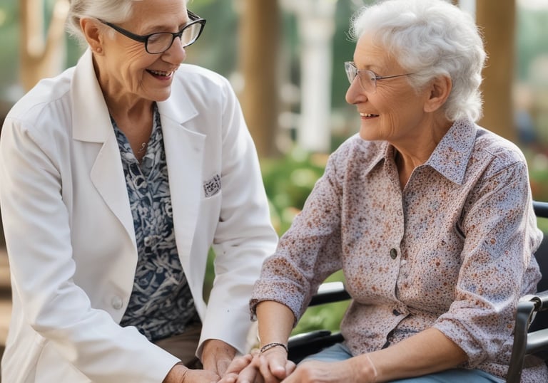 A group of elderly residents engaging in a social activity in a sunny common area.