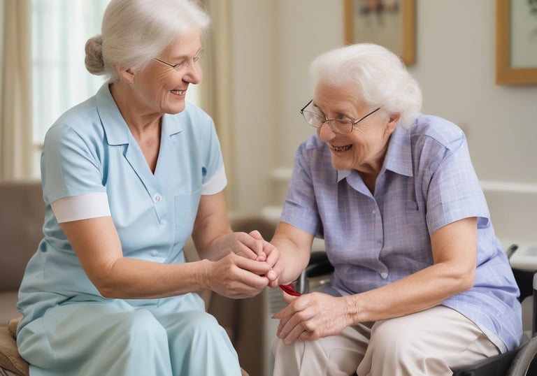 A healthcare professional assisting an elderly patient in a bright, welcoming environment.