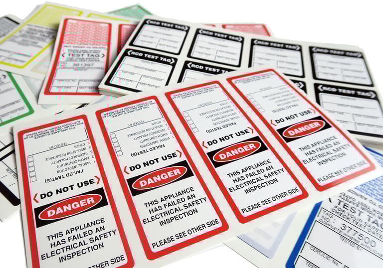 a bunch of labels on a table with a lot of labels