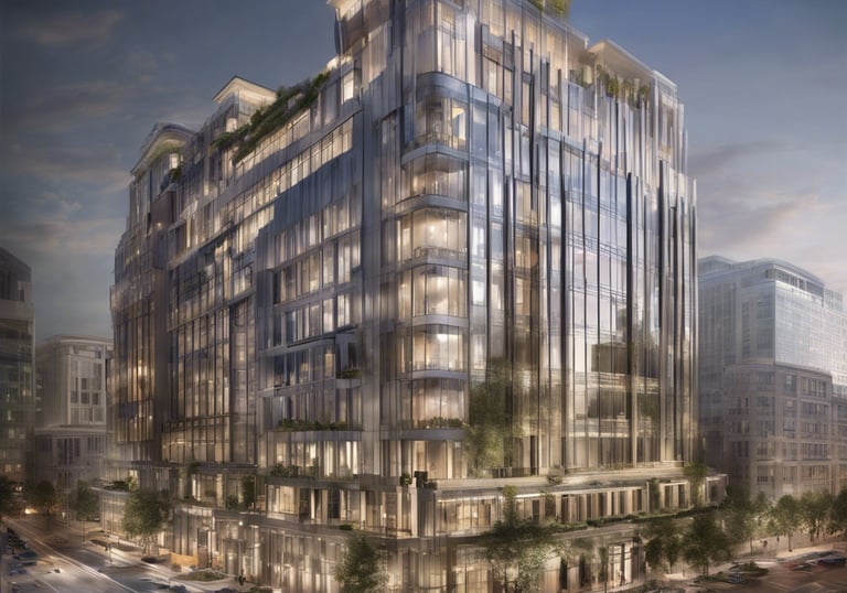 a man riding a skateboard down a street next to tall buildings