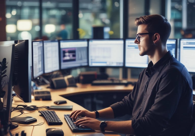 A dimly lit area with a dark background is visible. There is a central object resembling a security camera or electronic device. Below it, there is a rectangular white box with some graphics or text on its side. Cables or wires appear to be hanging or connected among the items.