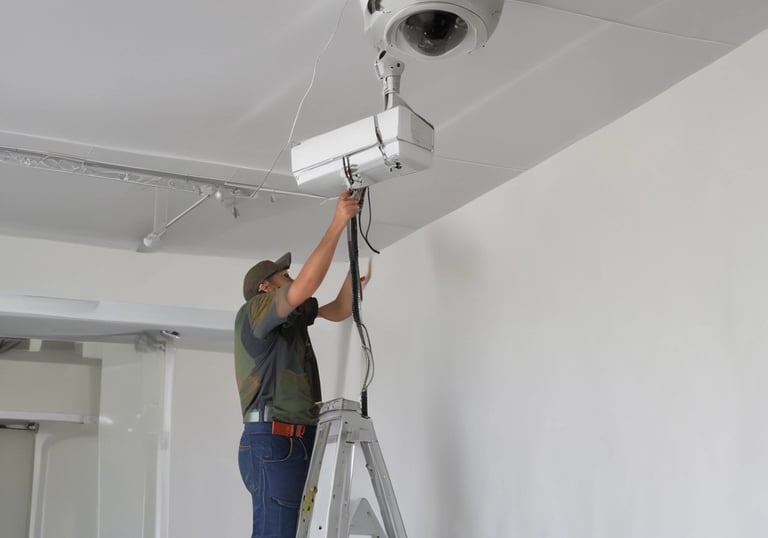 A security camera is mounted on a pole with a large, dome-shaped cover. The structure is composed of metal and plastic with visible screws and mounting hardware. Black cables are connected to the device, and the overall design suggests a robust surveillance setup.
