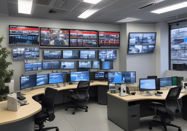 A security and access control system is mounted on a wall with visible wiring and electronic equipment. The ZKTeco brand is prominently displayed on the black access control box. Additional equipment is present, including a network switch with connected cables. There are paint supplies and a pink protective floor covering in the adjacent room.
