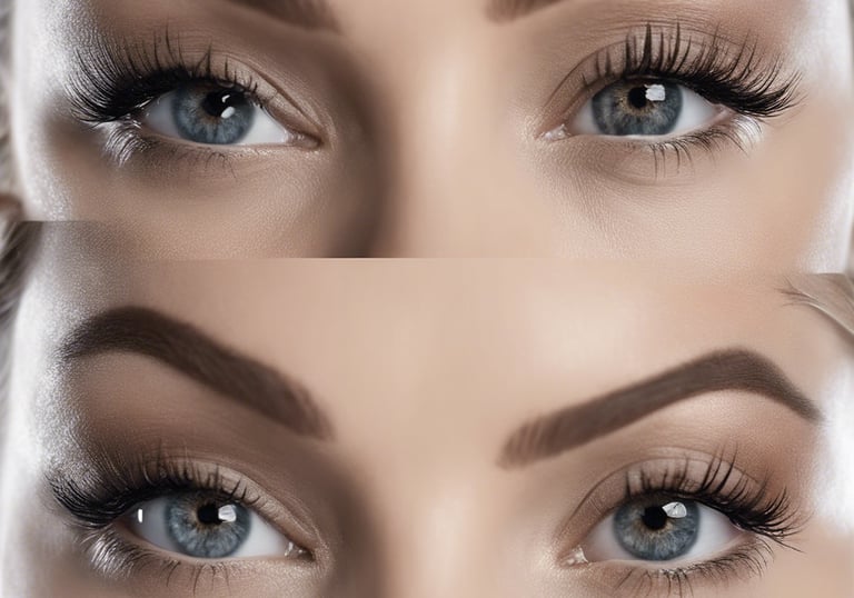 A close-up of a person receiving eyebrow threading. The person's eyes are closed, and a hand is expertly manipulating a thread across the eyebrows. The atmosphere is serene and focused.