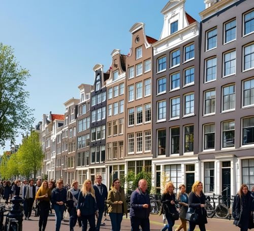 Crowd walking past traditional narrow Dutch canal houses in Amsterdam under a clear blue sky.