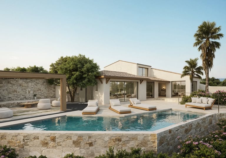 Luxury villa with a modern swimming pool, stone patio, lounge chairs, and palm trees. Sainte-Maxime