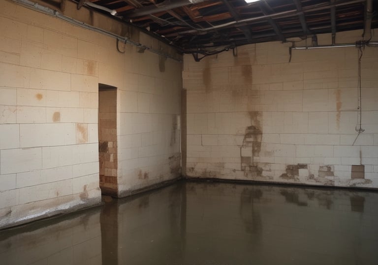 Worker in protective gear removing mold from a damaged wall inside a home.