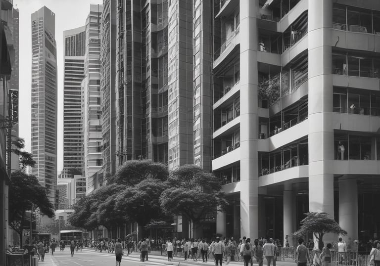 A modern, large, multi-story office building is prominently situated on a clear day, featuring the letters 'BCI' with a logo on its facade. The structure is surrounded by a well-maintained garden and a sidewalk where several people are walking. Nearby, cars are parked and some are driving along the street.