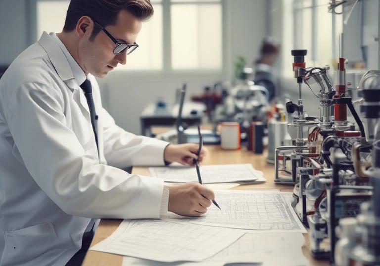 A scientist in a white lab coat and safety goggles is working in a laboratory. The scientist is interacting with a computer and a large, complex piece of lab equipment that is likely used for automated processes. There are several objects present including a cardboard box labeled 'Glass Disposal', various laboratory instruments, and a computer monitor displaying data. The lab is well-lit and organized with cabinets and shelves containing various lab supplies.