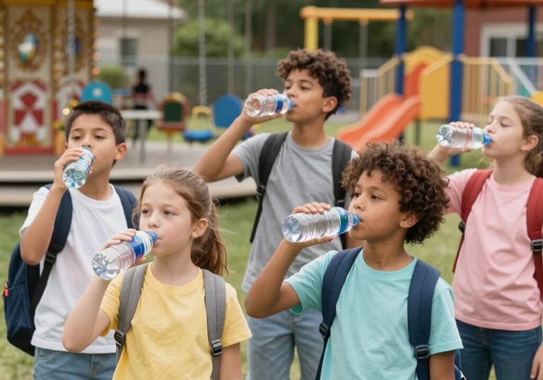 A group of kids outdoors, smiling and engaged in a wellness activity.