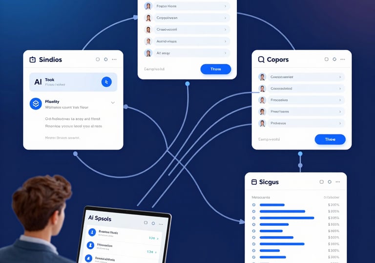 A digital marketing strategist analyzing AI-driven performance data on multiple screens.