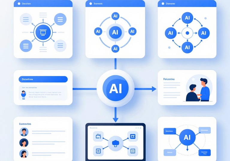 A creative workspace showing a team collaborating on AI-powered educational video content.