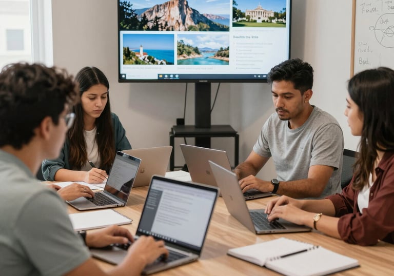 A group of tourists are gathered around a guide who is holding a brochure or map. The setting appears to be a historical or cultural site with ornate architecture in the background and an archway. The guide is wearing a hat and glasses, and the tourists are mostly wearing casual clothing and hats.