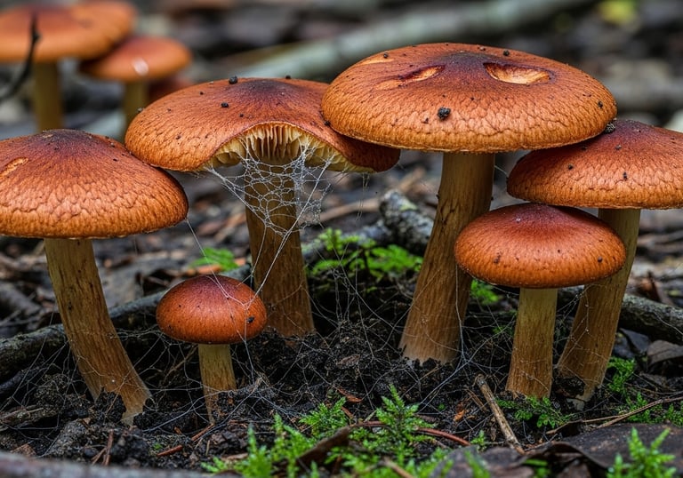 Hongo Cortinarius de color marrón rojizo en suelo húmedo, captado con luz difusa y textura de miceli