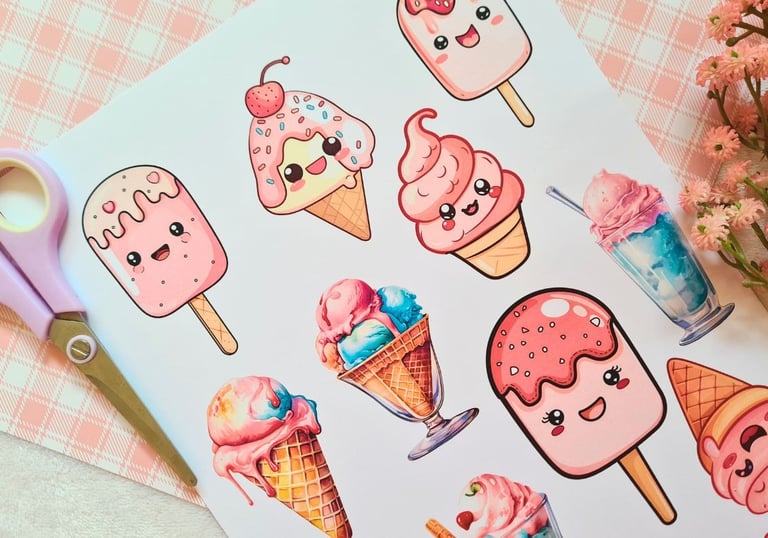 Cute cartoon ice creams and popsicles with smiling faces clipart printed on a piece of cardstock on 