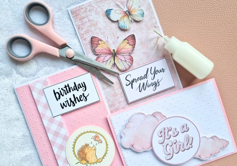 Handmade greeting cards with scissors and glue next to them