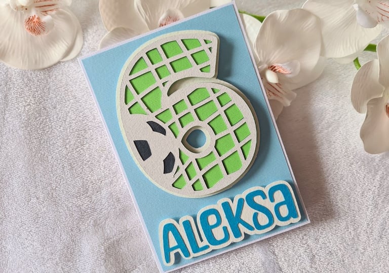 Cricut birthday card with a number 6 in soccer style.