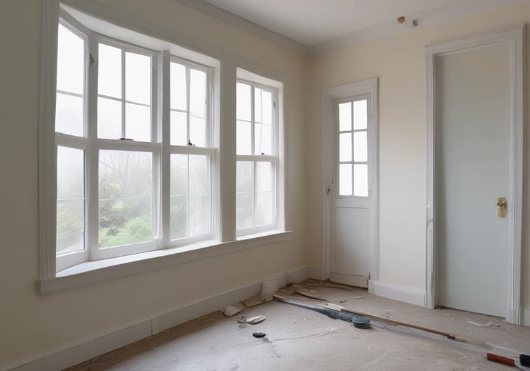 A person wearing protective clothing, a face mask, and gloves is cleaning a white cushioned furniture piece using a vacuum cleaner. The setting appears to be indoors with bright natural light streaming in through large windows. A green potted plant is placed next to a white sofa, adding a touch of nature to the clean and tidy environment.