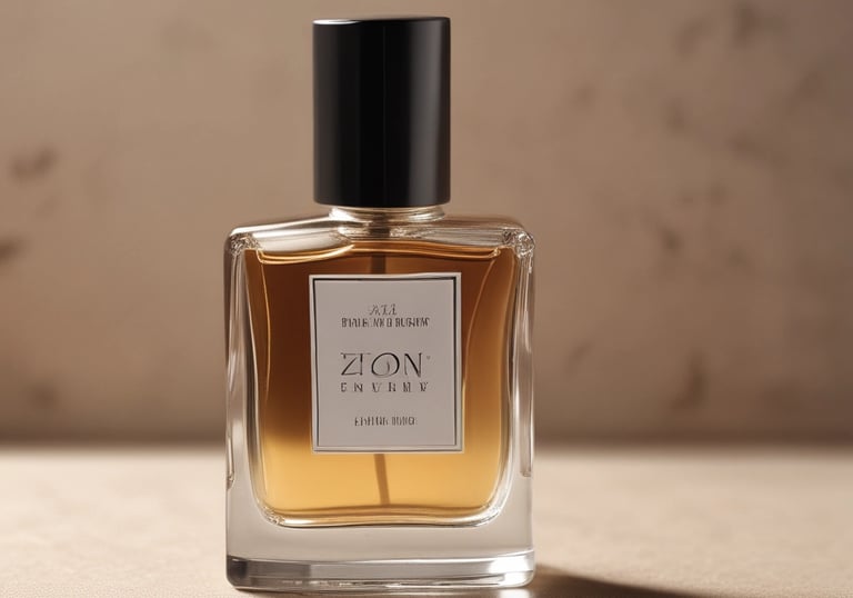 A clear glass perfume bottle with gold accents sits atop smooth, white, rounded stones. Delicate dried flowers are positioned to the right, adding a natural element against the minimalist white background. The bottle is labeled with elegant script.