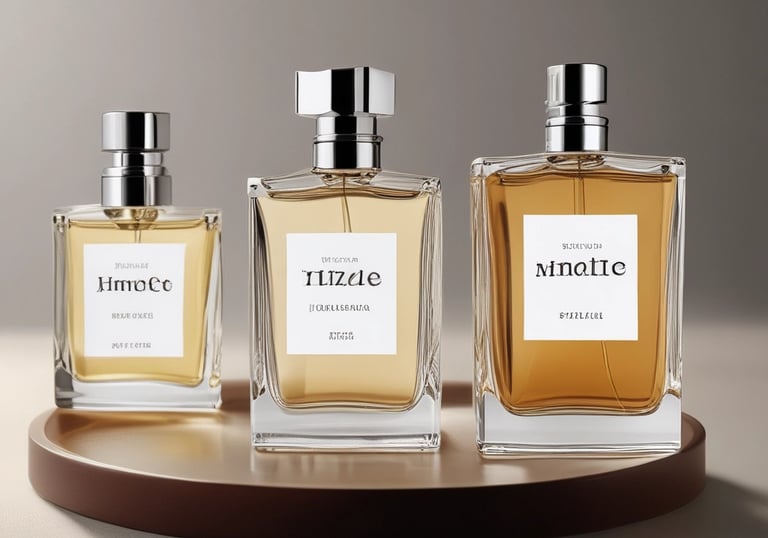 A perfume bottle labeled 'WHISKY SMOKE' is illuminated with warm, swirling golden lights in the background, creating an artistic and vibrant effect.