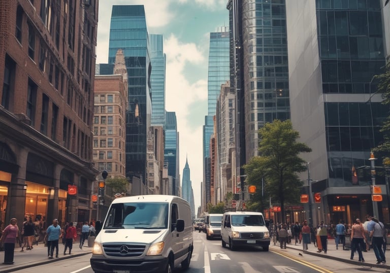 a man riding a skateboard down a street next to tall buildings