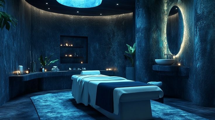 a spa room with a skylight and candles