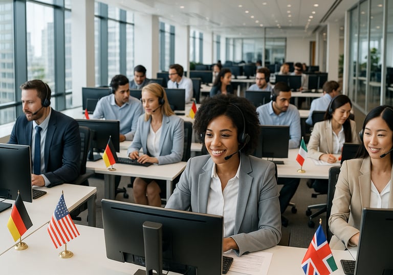 a group of people sitting at desks in a room