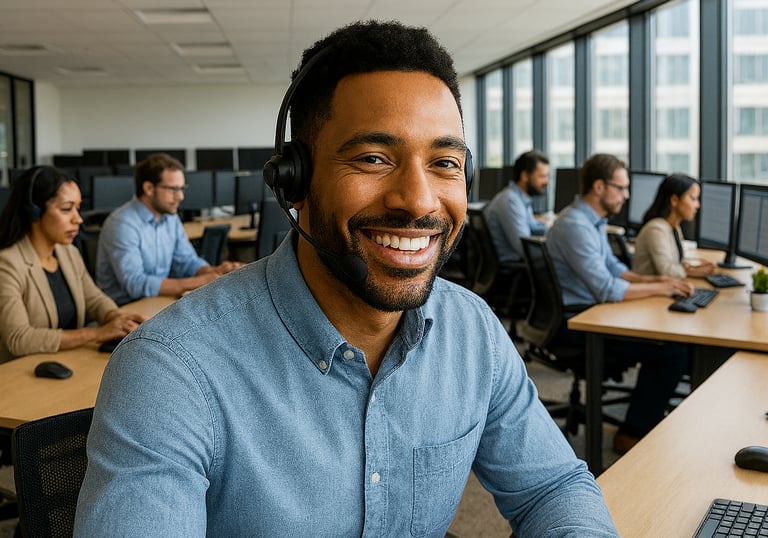 a man in a blue shirt and headphones on a desk
