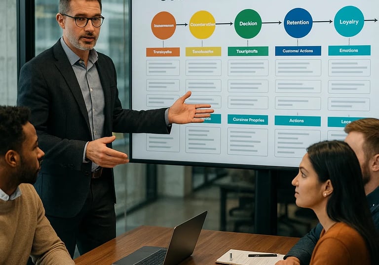 a man in a suit and tie is pointing at a customer journey map
