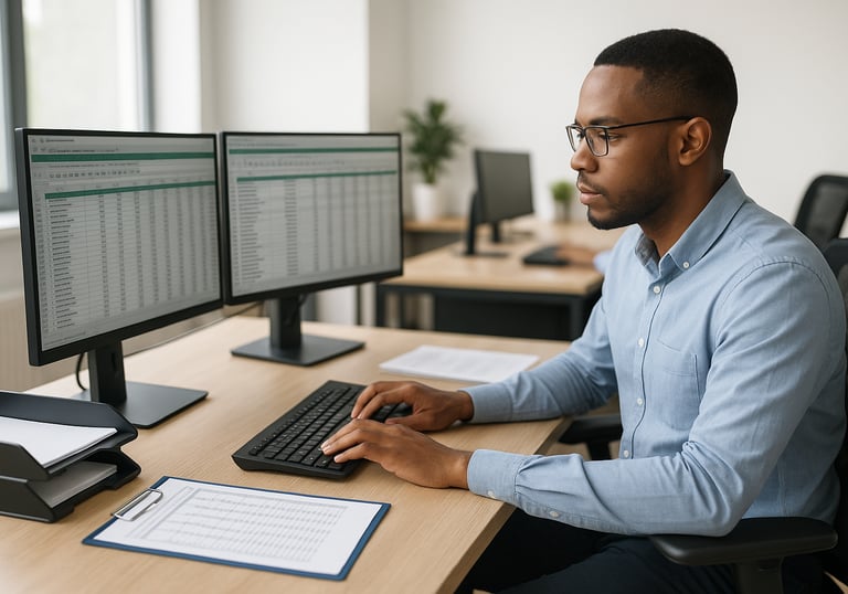 a man sitting at a desk with two monitors and a keyboard