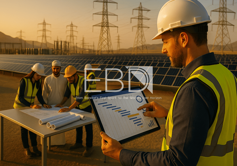 EBD engineers at an Oman substation during golden hour, planning utility-scale solar, BESS and 400 kV grid works.