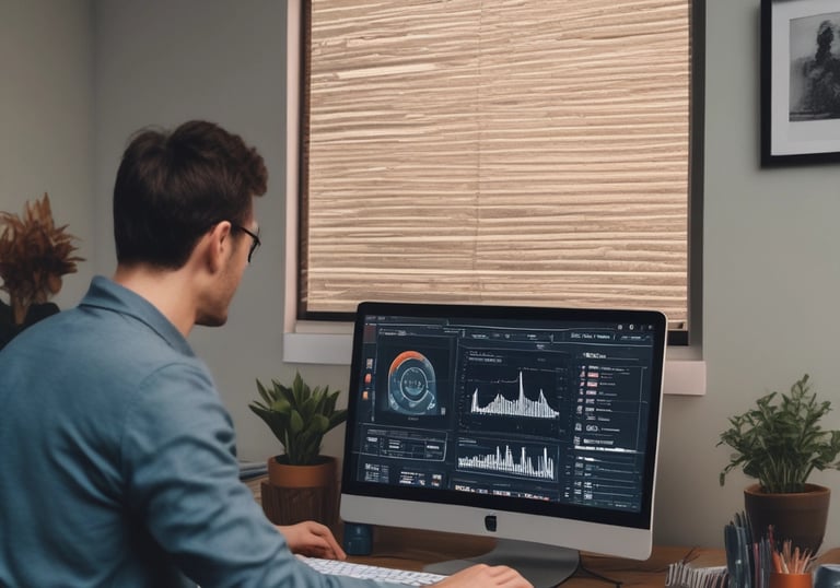 A person holds a smartphone displaying a financial or stock trading app, with detailed graphs and numerical data visible on the screen. In the background, there is a blurred computer monitor and office setting, suggesting a work environment.