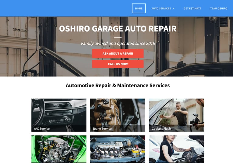 a car repair website page with a picture of a car in the background