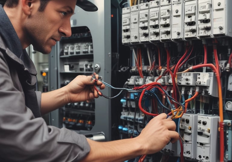 A person wearing a hard hat and a red and gray jacket with reflective stripes is working on an open electrical cabinet filled with various components and wires. The environment appears to be industrial with fluorescent lighting.