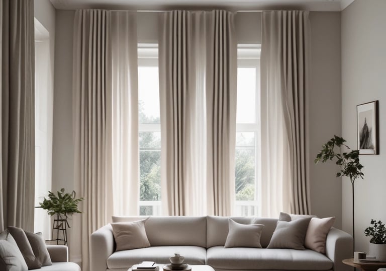 A set of light beige curtains are elegantly draped on either side of a window, allowing soft natural light to pass through. The window offers a view of a garden with green foliage visible outside. The interior features a stone wall with a dark marble texture and a speckled tile floor. Subtle decorative detailing around the window frame adds to the classic look.
