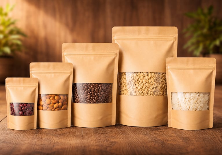 Brown kraft paper stand-up pouches with window for food packaging containing nuts and grains.