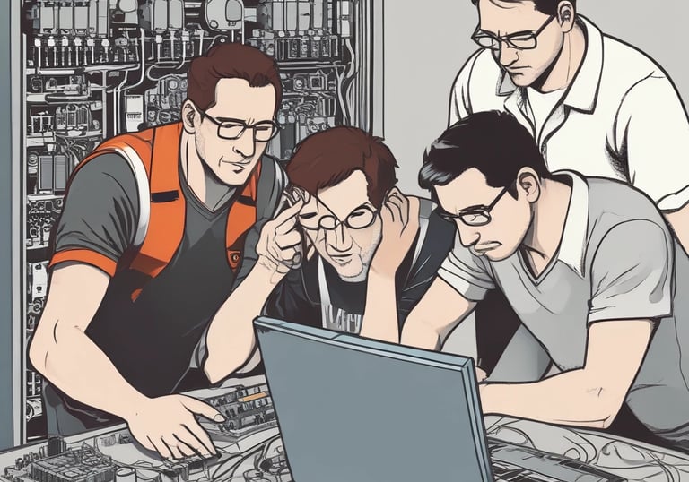 A diverse group of people collaborating around a table with laptops and notes in a modern workspace.