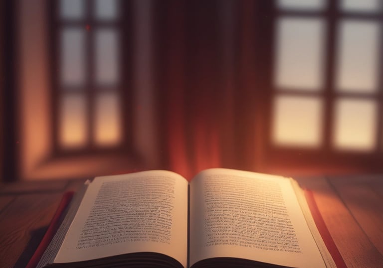 Open book glowing softly in a quiet room, evoking mystery and reflection