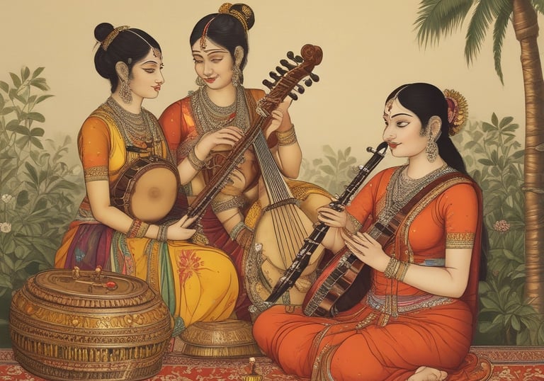 A musician playing a traditional Indian instrument in a serene outdoor environment.