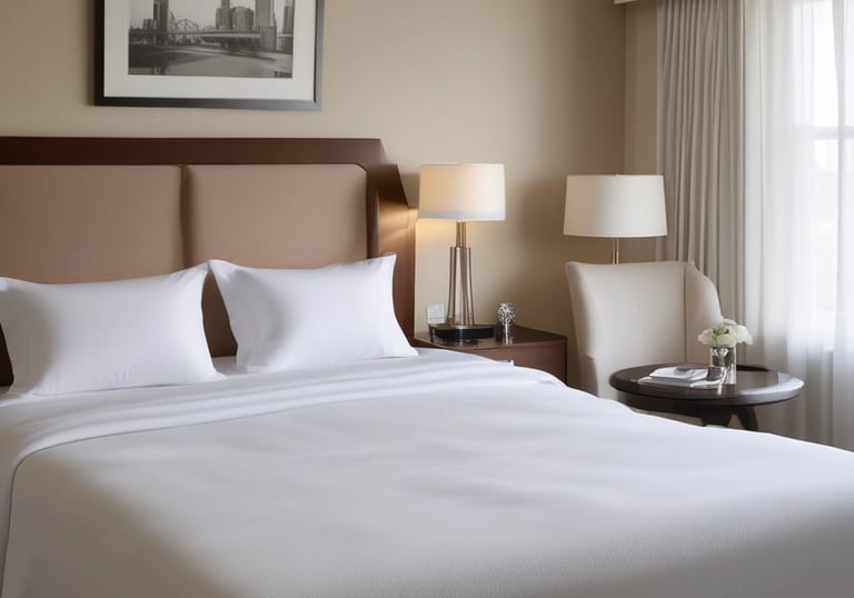 A neatly arranged set of soft bed linens on a hotel bed.
