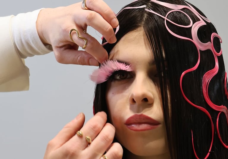 Preparazione di un look creativo durante uno shooting editoriale: applicazione di ciglia scenografic