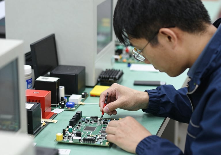 Technician assembling industrial machinery components in a modern workshop.