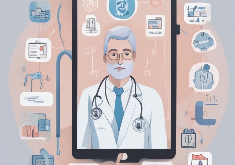 A person wearing a blue hospital gown is seated and using a smartphone. The gown has a checkered pattern with small designs. The focus is on the hands holding the mobile device.