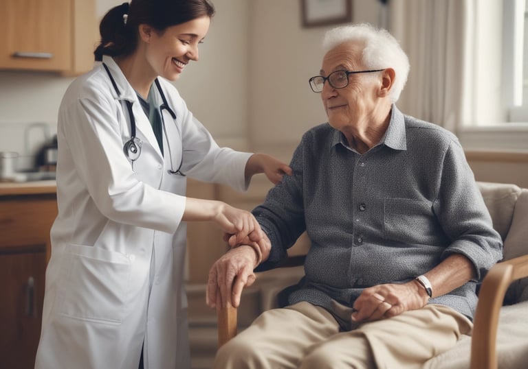 A person wearing a smartwatch writes on a notepad while using a tablet that displays medical images. A stethoscope is positioned close by on a white desk, suggesting a medical setting.