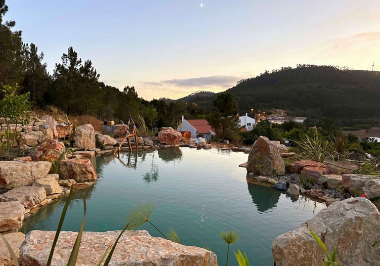 Limestone natural pool with plant filter, diving stone, infinity edge & wood railing | Lisbon, PT