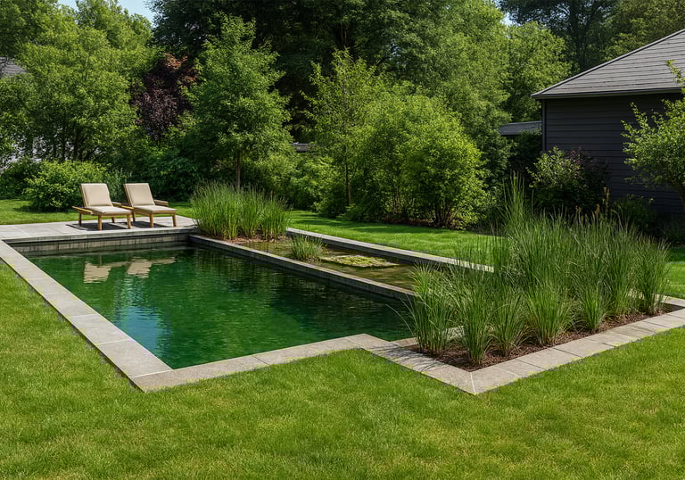 Modern biopool with marginal plant filtration & UV sterilization system | Eco-swimming | Aqua Vitae