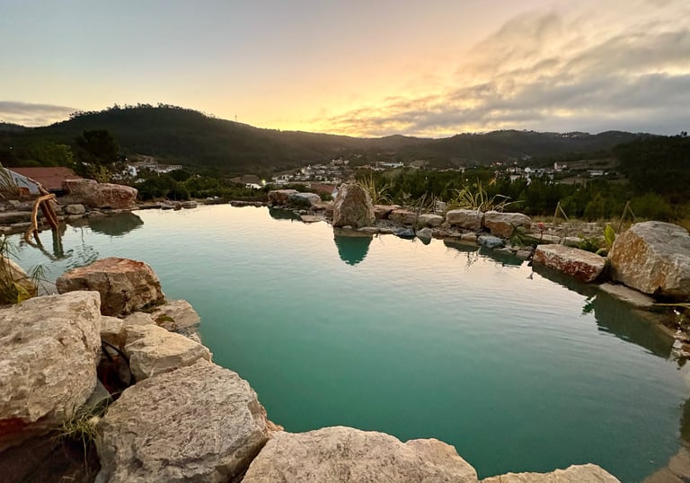 Limestone natural pool, custom wood railing, stone steps & large diving stone | Lisbon | Aqua Vitae