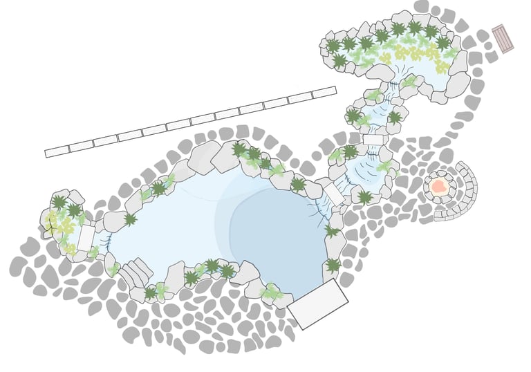 Natural pool site plan with bridge stones, waterfalls, wetland filter & patio fire pit | Aqua Vitae